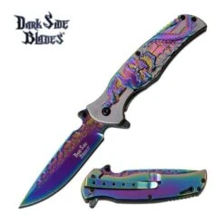 8" Skull & Dragon Etched Assisted Opening Knife Rainbow