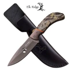 Elk Ridge 7.75 Inch Fixed Blade Hunting Knife Camo Coated Wood Handle