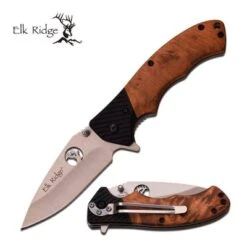 Elk Ridge Folding Pocket Knife Burl Wood Handle And Black G10 Bolster