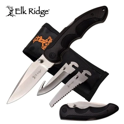 Elk Ridge Folding Knife 3 Interchangeable Blades Nylon Sheath Black 3 Elk Ridge Folding Knife 3 Interchangeable Blades Nylon Sheath Black