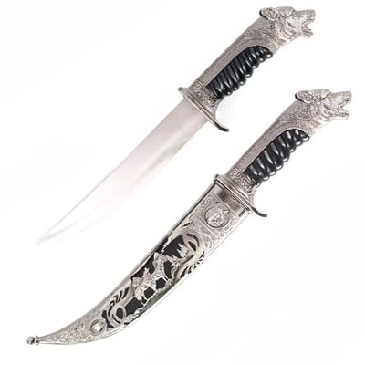 Antique Silver Wolf Collectors Dagger Fixed Blade Hunting Knife With Scabbard 3 Antique Silver Wolf Collectors Dagger Fixed Blade Hunting Knife With Scabbard
