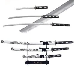 3pc White Dragon Japanese Katana Samurai Sword Set Carbon Steel Blade Bushido Stand