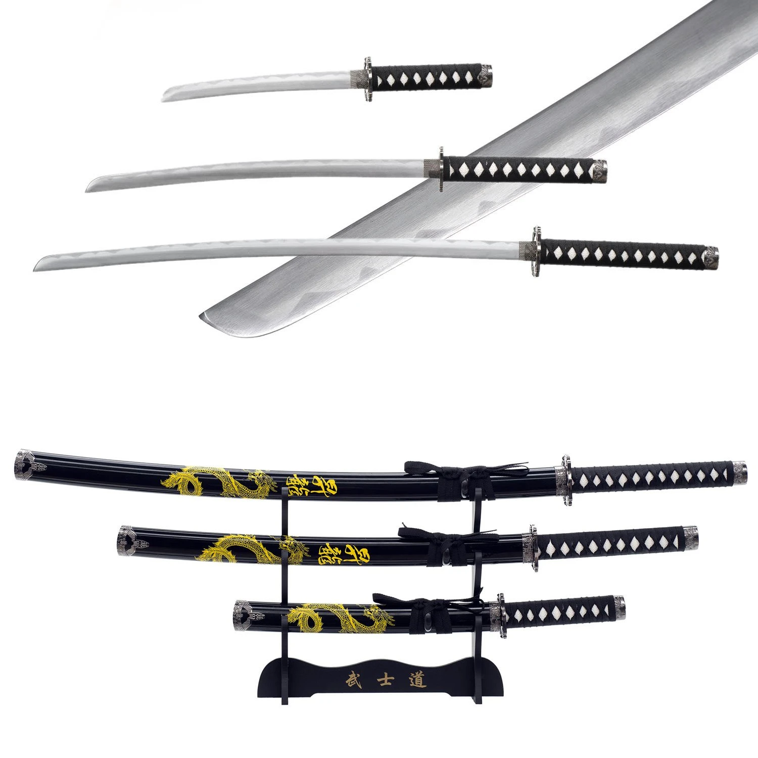 3pc Dragon Japanese Katana Samurai Sword Set Carbon Steel Blade Bushido Stand 3 3pc Dragon Japanese Katana Samurai Sword Set Carbon Steel Blade Bushido Stand
