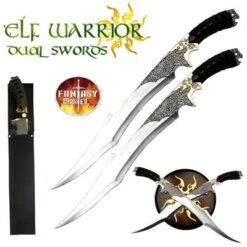 Elf Warrior Dual Swords With Wall Display Plaque And Sheath