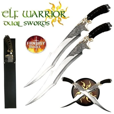 Elf Warrior Dual Swords With Wall Display Plaque And Sheath 3 Elf Warrior Dual Swords With Wall Display Plaque And Sheath