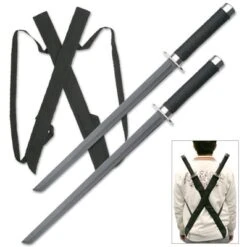 Black Twin Ninja Sword Set With Body Harness Strap Dual Blades