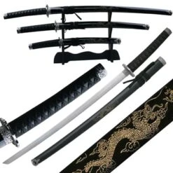 3 PCS Black Dragon Samurai Sword Set With Stand