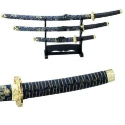 3 PCS Blue Samurai Sword Set W/ Stand