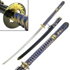 Blue And Gold Samurai Katana Sword W/ Tanto