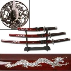 3-PC Samurai Sword Set Burgundy Color - Dragon Design