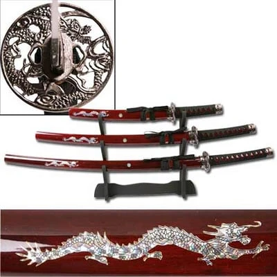 3-PC Samurai Sword Set Burgundy Color - Dragon Design 3 3-PC Samurai Sword Set Burgundy Color - Dragon Design