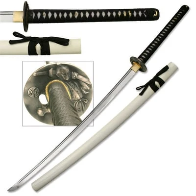 Hand Sharpened Carbon Steel Katana With White Finish Scabbard 3 Hand Sharpened Carbon Steel Katana With White Finish Scabbard