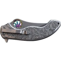 Marijuana Leaf Pocket Knife Silver Assisted Opening Knife 9 Marijuana Leaf Pocket Knife Silver Assisted Opening Knife -CUTLERY WHOLESALER Sales MT A1172MR closed