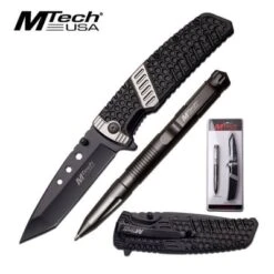 MTech 8.25" Black Folding Pocket Knife With Tactical Pen