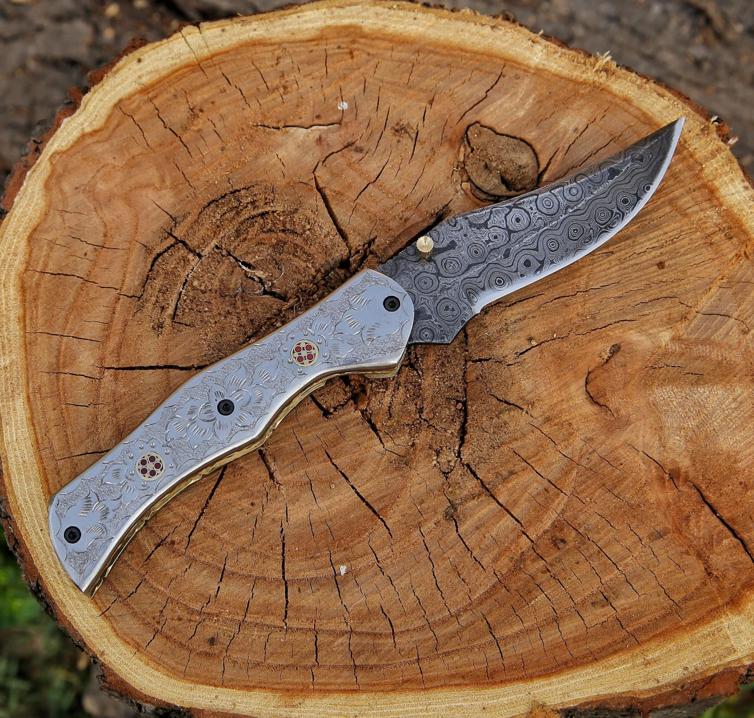 8.7" Damascus Steel Custom Handmade Folding Pocket Knife Engraved Handle 3 8.7" Damascus Steel Custom Handmade Folding Pocket Knife Engraved Handle