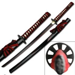 Black Samurai Sword With Black & Red Cord Wrap Handle