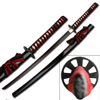 Black Samurai Sword With Black & Red Cord Wrap Handle 3 Black Samurai Sword With Black & Red Cord Wrap Handle