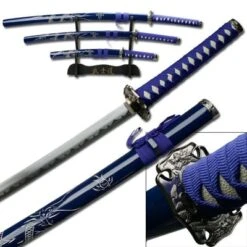 3 Pcs Samurai Sword Set - Blue Carved Dragon On Scabbard