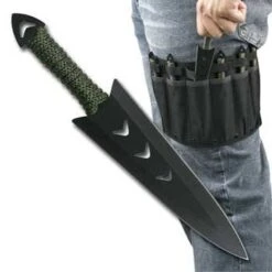 6pc Black Stainless Steel Throwing Knives With Green Cord Wraps - 6.5" Overall